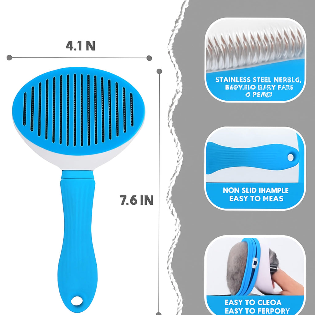 Self-Cleaning Pet Grooming Brush for Dogs and Cats, Stainless Steel Bristles, Blue and White, 7.6 Inches, Non-Slip Handle, Deshedding Tool