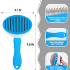 Self-Cleaning Pet Grooming Brush for Dogs and Cats, Stainless Steel Bristles, Blue and White, 7.6 Inches, Non-Slip Handle, Deshedding Tool