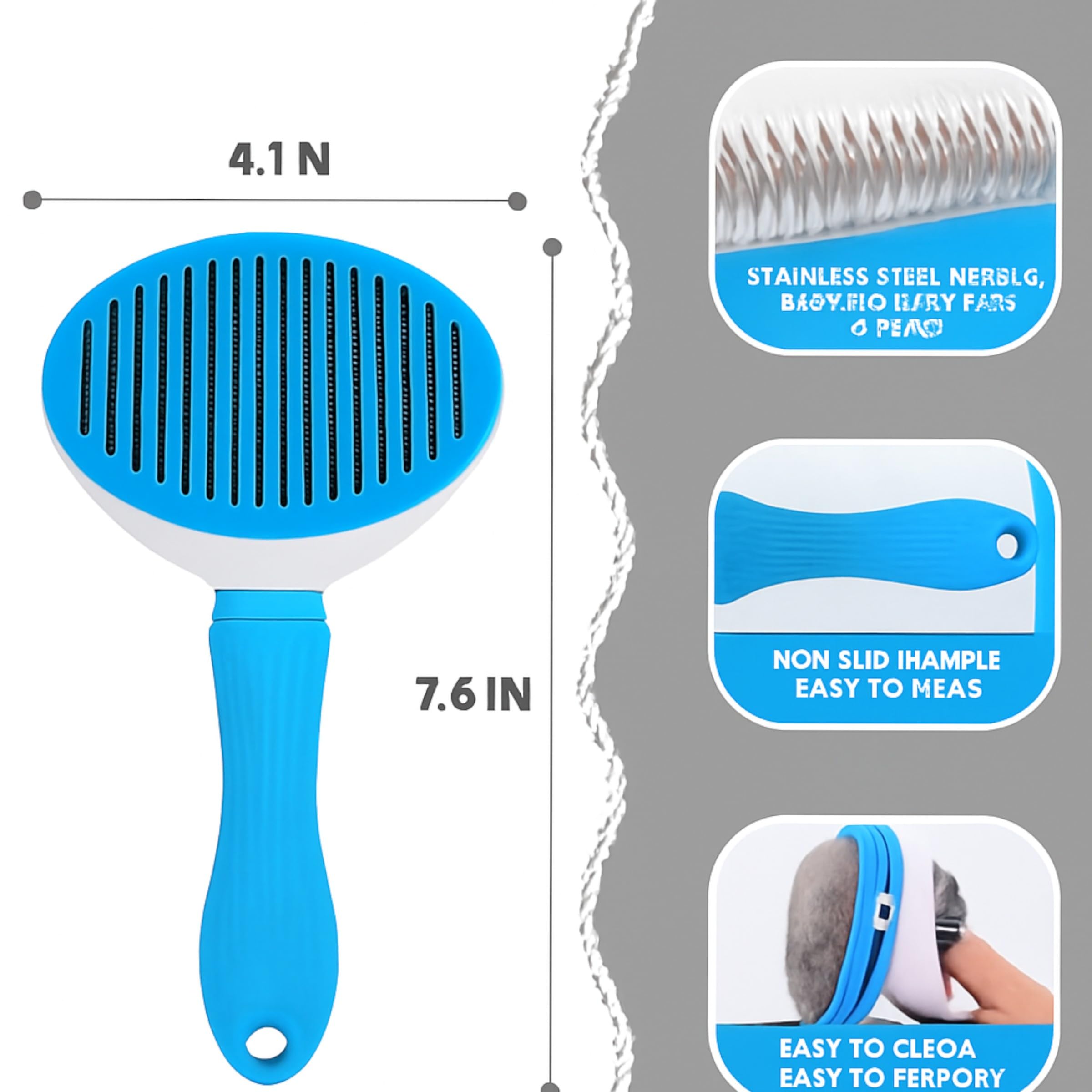 Self-Cleaning Pet Grooming Brush for Dogs and Cats, Stainless Steel Bristles, Blue and White, 7.6 Inches, Non-Slip Handle, Deshedding Tool