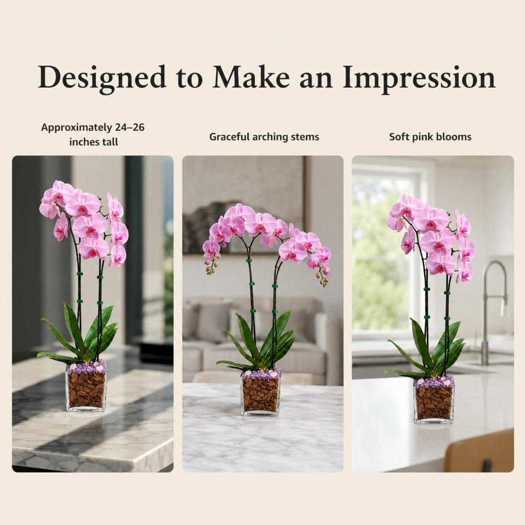 Live Double Stem Phalaenopsis Orchid with Chakra Crystals Tall Indoor Potted Orchid in Clear Planter Long Lasting Bloom Pink with Rose Quartz and Amethyst