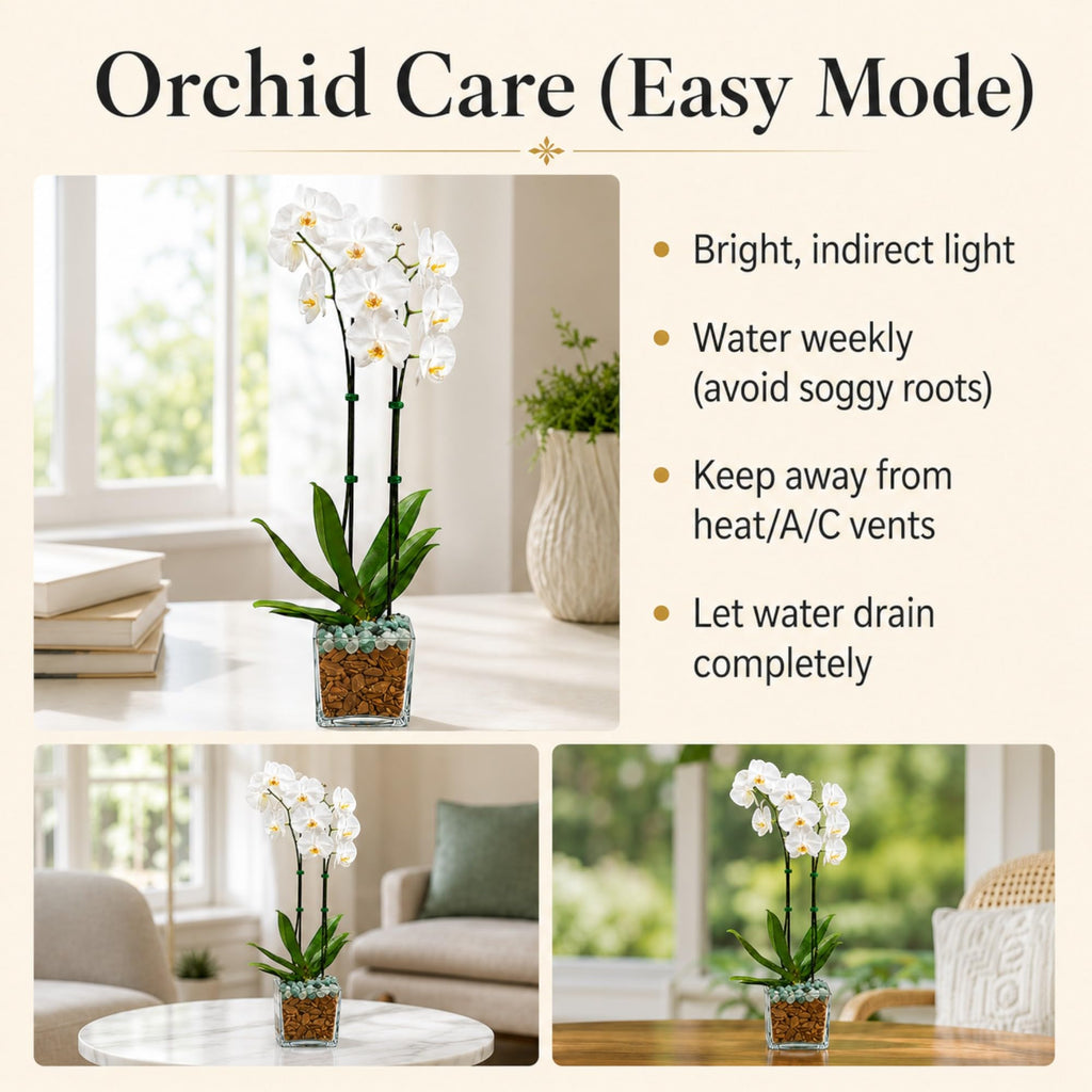 Live Phalaenopsis Orchid Plant – Double Stem 24-26 Inch Tall Flowering Orchid – Indoor Potted Orchid in Clear Planter – Genuine Crystal Accent – White with Green Aventurine and Clear Quartz
