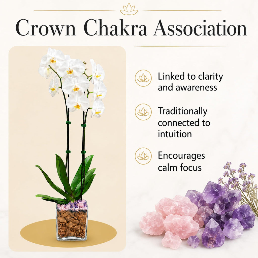 Live Phalaenopsis Orchid Plant – Double Stem 24-26 Inch Tall Flowering Orchid – Indoor Potted Orchid in Clear Planter – Genuine Crystal Accent – White with Amethyst