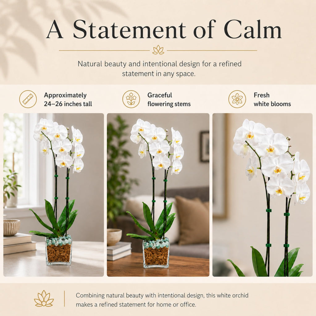 Live Phalaenopsis Orchid Plant – Double Stem 24-26 Inch Tall Flowering Orchid – Indoor Potted Orchid in Clear Planter – Genuine Crystal Accent – White with Green Aventurine and Clear Quartz