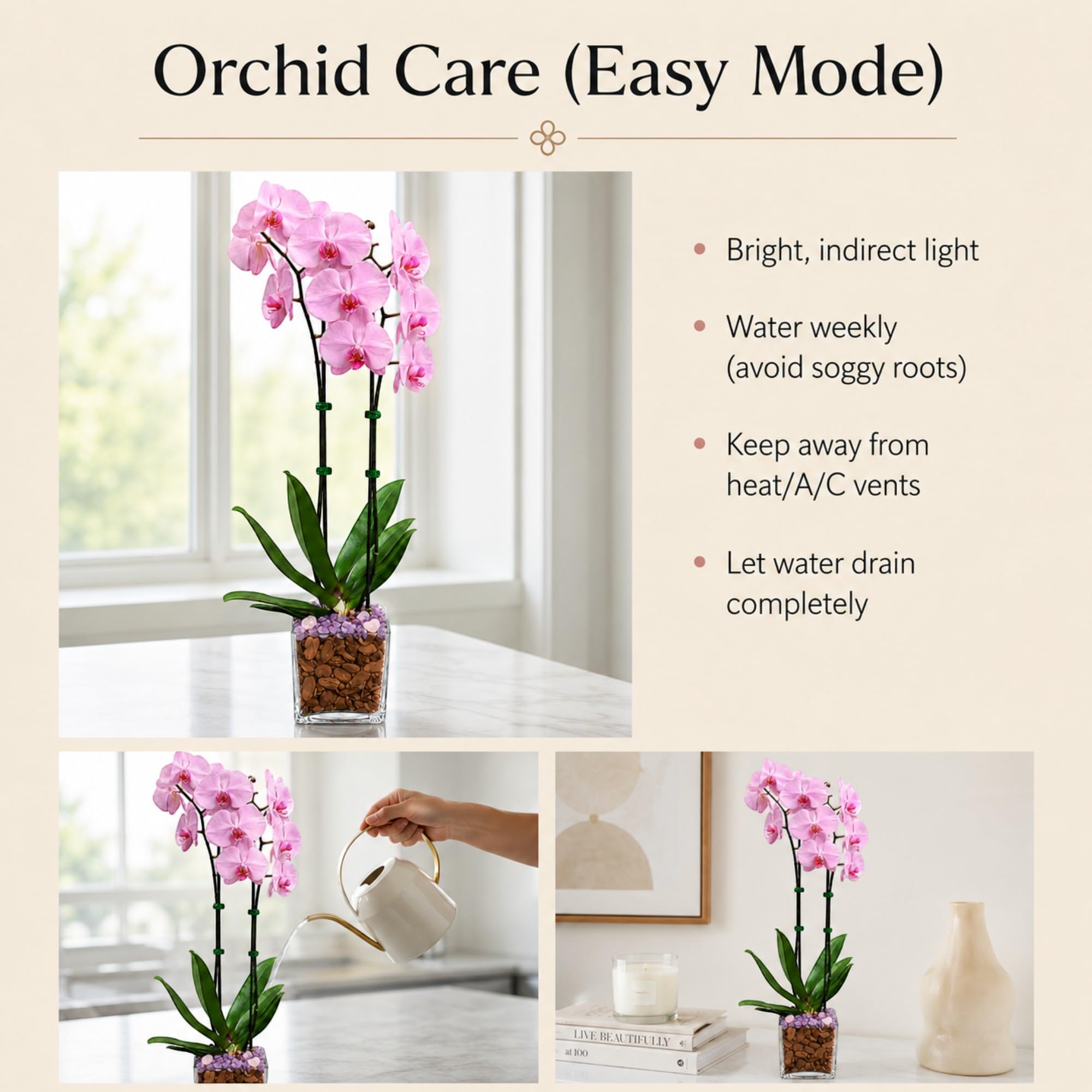 Live Double Stem Phalaenopsis Orchid with Chakra Crystals Tall Indoor Potted Orchid in Clear Planter Long Lasting Bloom Pink with Rose Quartz and Amethyst