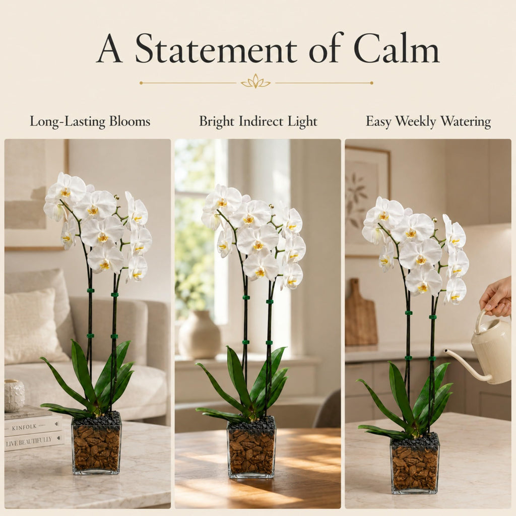 Live Double Stem Phalaenopsis Orchid Plant, 24–26 Inches Tall, White Blooms with Black Obsidian Crystal Accent, Clear Planter, Chakra Orchid Collection