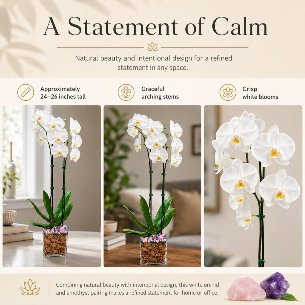 Live Phalaenopsis Orchid Plant – Double Stem 24-26 Inch Tall Flowering Orchid – Indoor Potted Orchid in Clear Planter – Genuine Crystal Accent – White with Amethyst