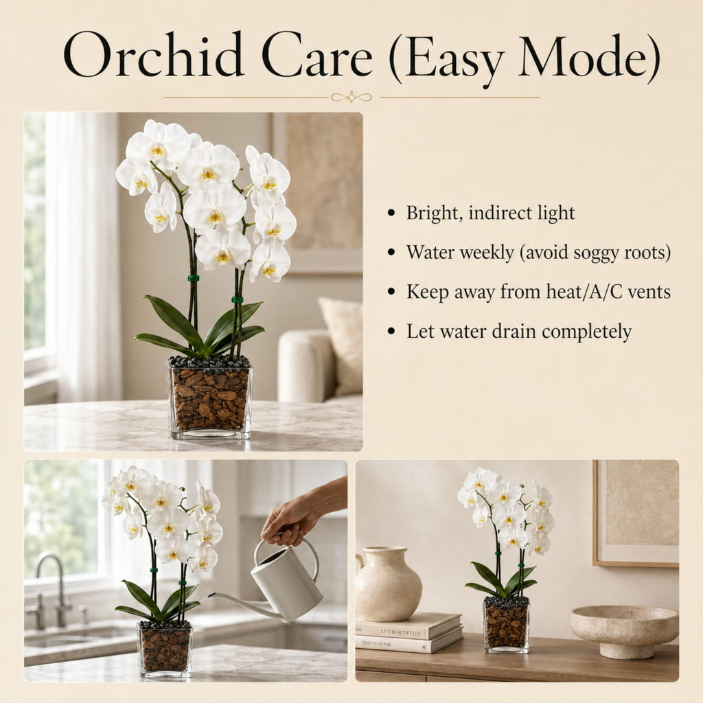 Live Double Stem Phalaenopsis Orchid Plant, 24–26 Inches Tall, White Blooms with Black Obsidian Crystal Accent, Clear Planter, Chakra Orchid Collection