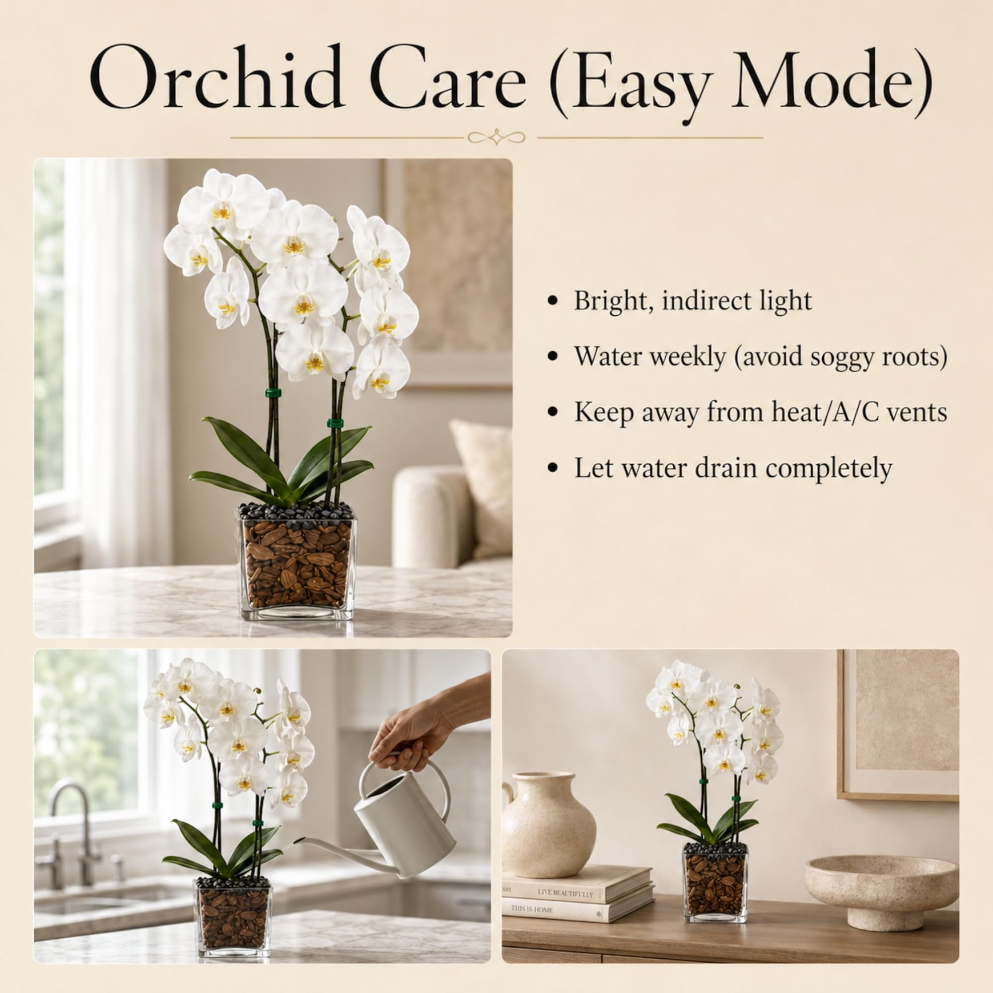 Live Double Stem Phalaenopsis Orchid Plant, 24–26 Inches Tall, White Blooms with Black Obsidian Crystal Accent, Clear Planter, Chakra Orchid Collection