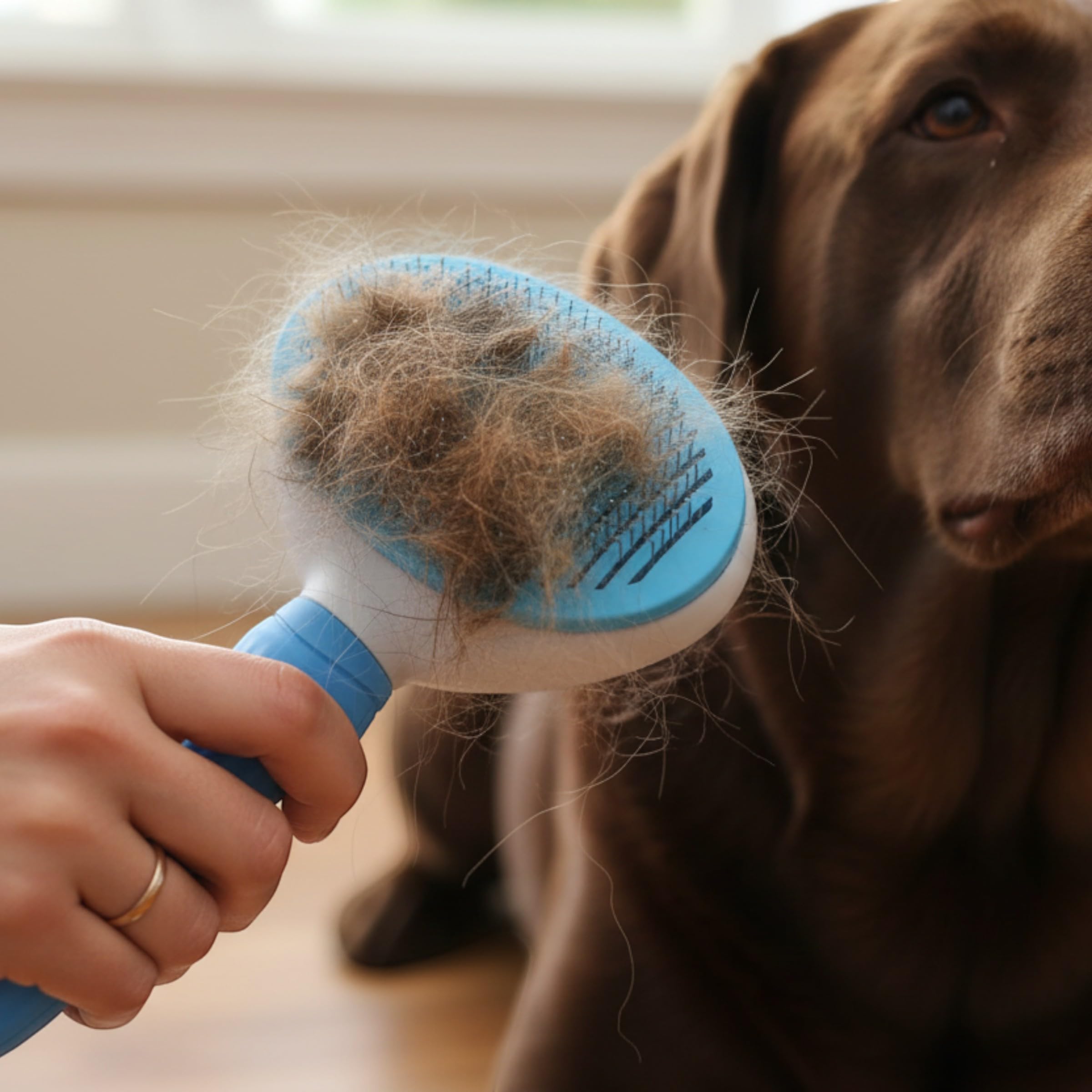Self-Cleaning Pet Grooming Brush for Dogs and Cats, Stainless Steel Bristles, Blue and White, 7.6 Inches, Non-Slip Handle, Deshedding Tool