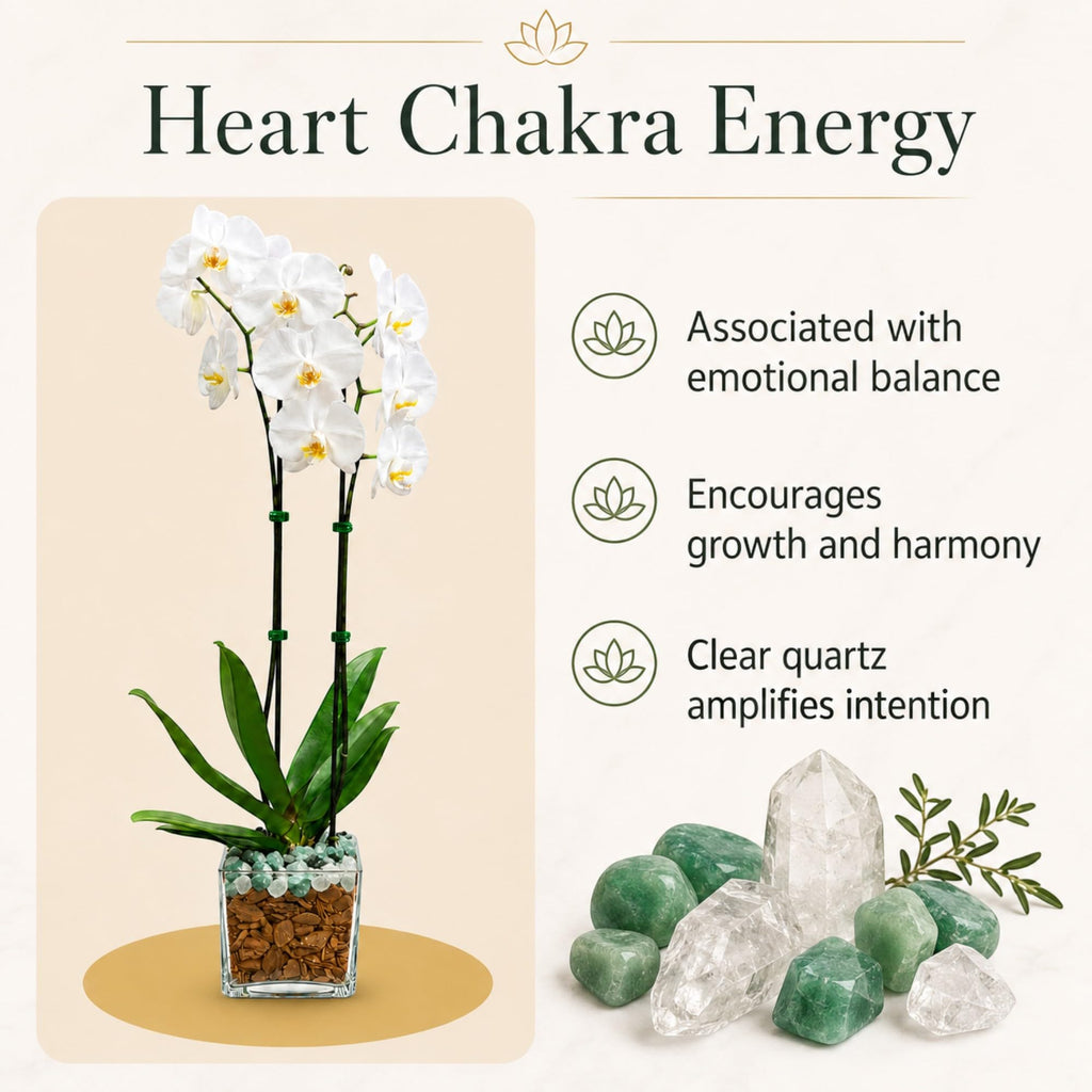 Live Phalaenopsis Orchid Plant – Double Stem 24-26 Inch Tall Flowering Orchid – Indoor Potted Orchid in Clear Planter – Genuine Crystal Accent – White with Green Aventurine and Clear Quartz