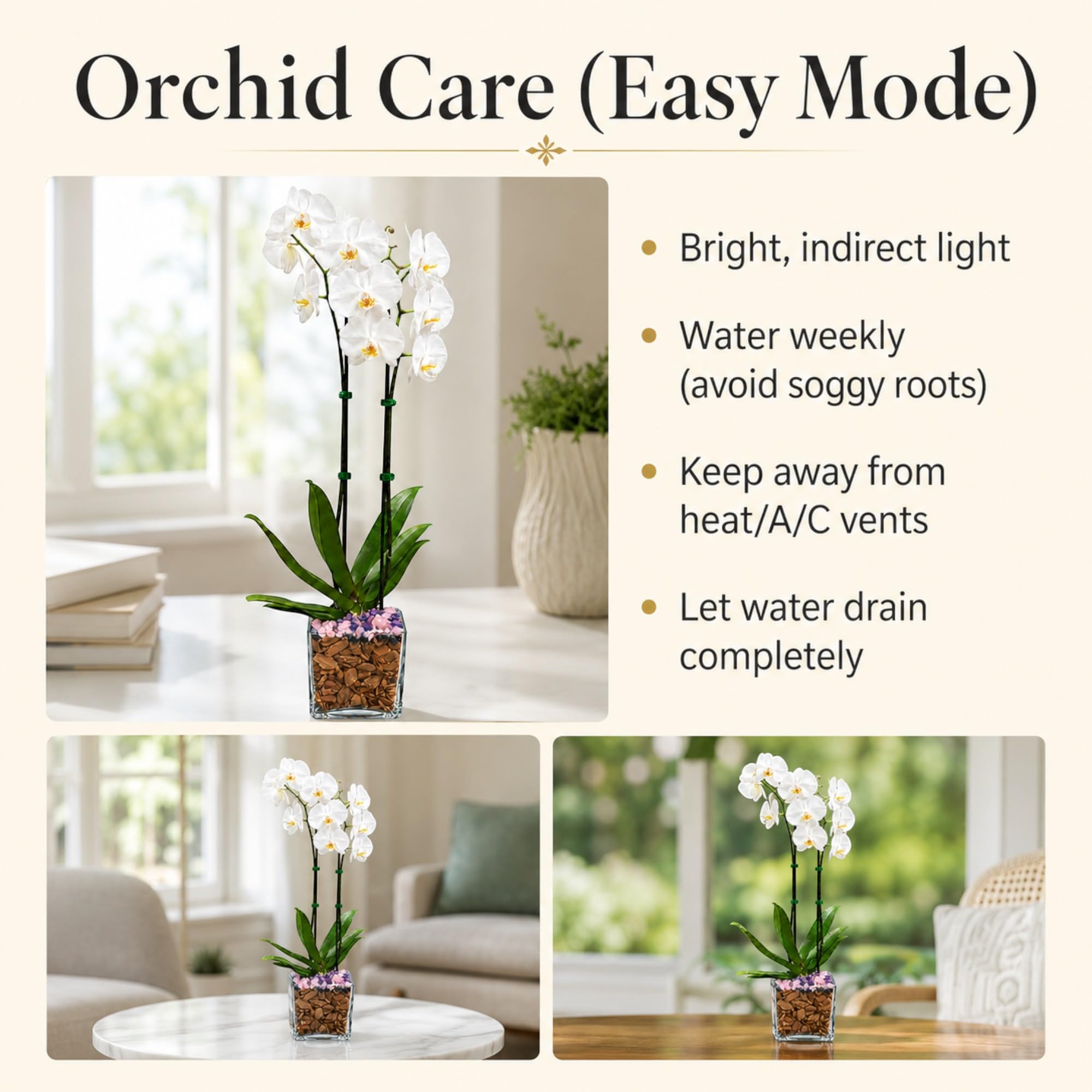 Live Phalaenopsis Orchid Plant – Double Stem 24-26 Inch Tall Flowering Orchid – Indoor Potted Orchid in Clear Planter – Genuine Crystal Accent – White with Amethyst