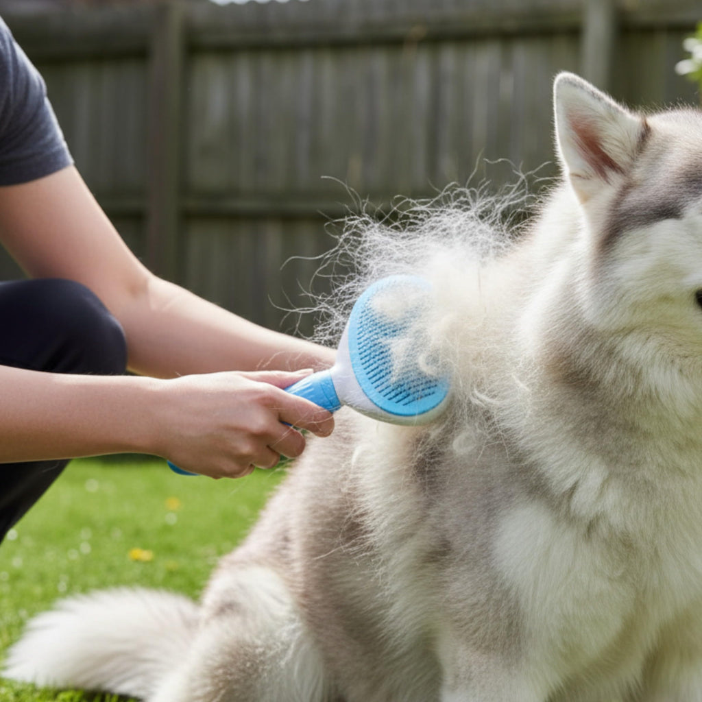 Self-Cleaning Pet Grooming Brush for Dogs and Cats, Stainless Steel Bristles, Blue and White, 7.6 Inches, Non-Slip Handle, Deshedding Tool