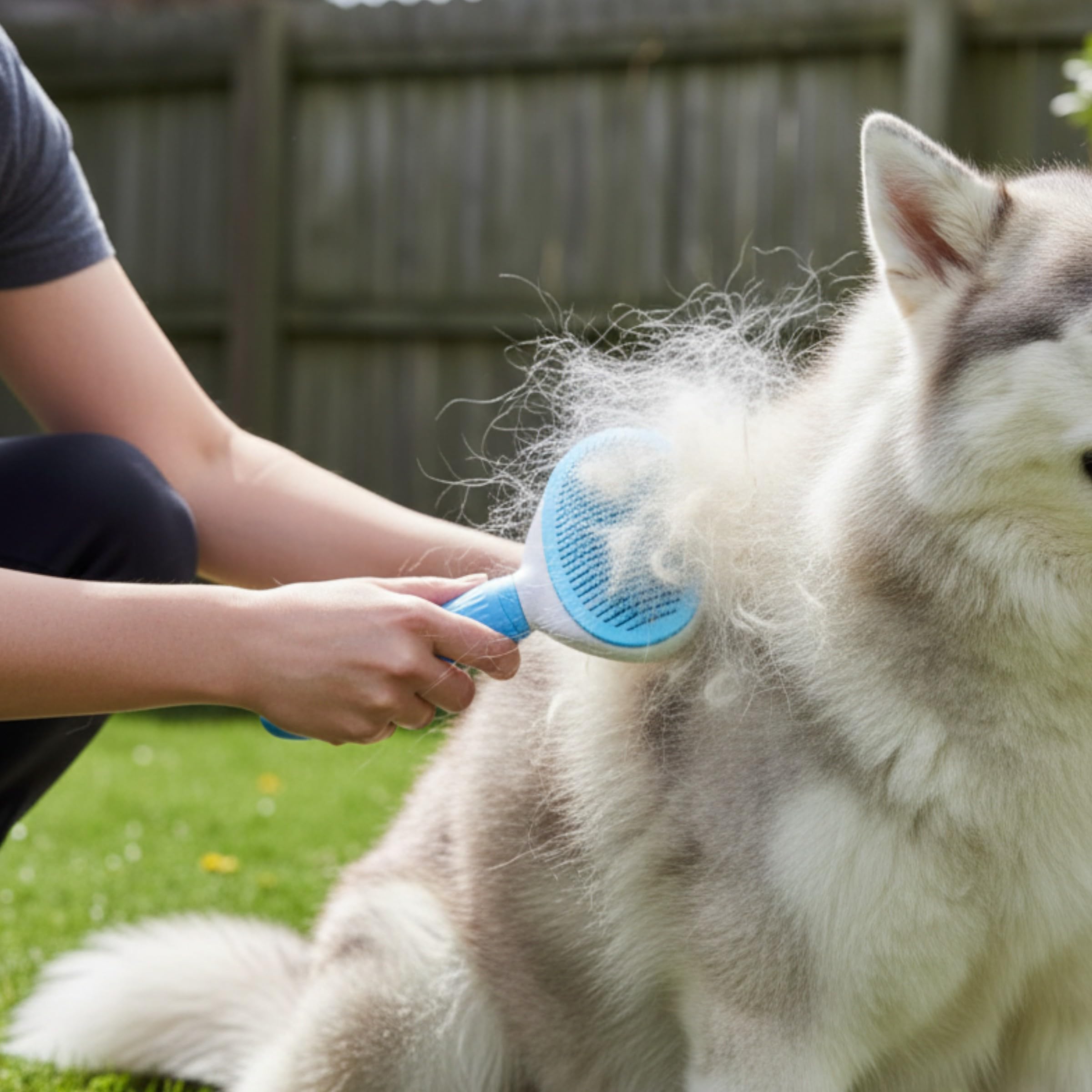 Self-Cleaning Pet Grooming Brush for Dogs and Cats, Stainless Steel Bristles, Blue and White, 7.6 Inches, Non-Slip Handle, Deshedding Tool