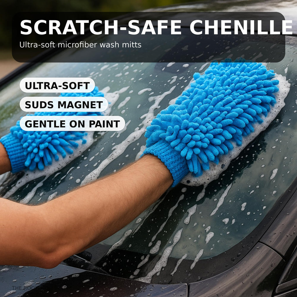 Chenille Microfiber Car Wash Mitt (2 Pack) – Dual-Sided Ultra-Soft Scratch-Free Cleaning Glove with Elastic Cuff, Highly Absorbent for Cars, Trucks, Boats & Auto Detailing (Dark Blue)
