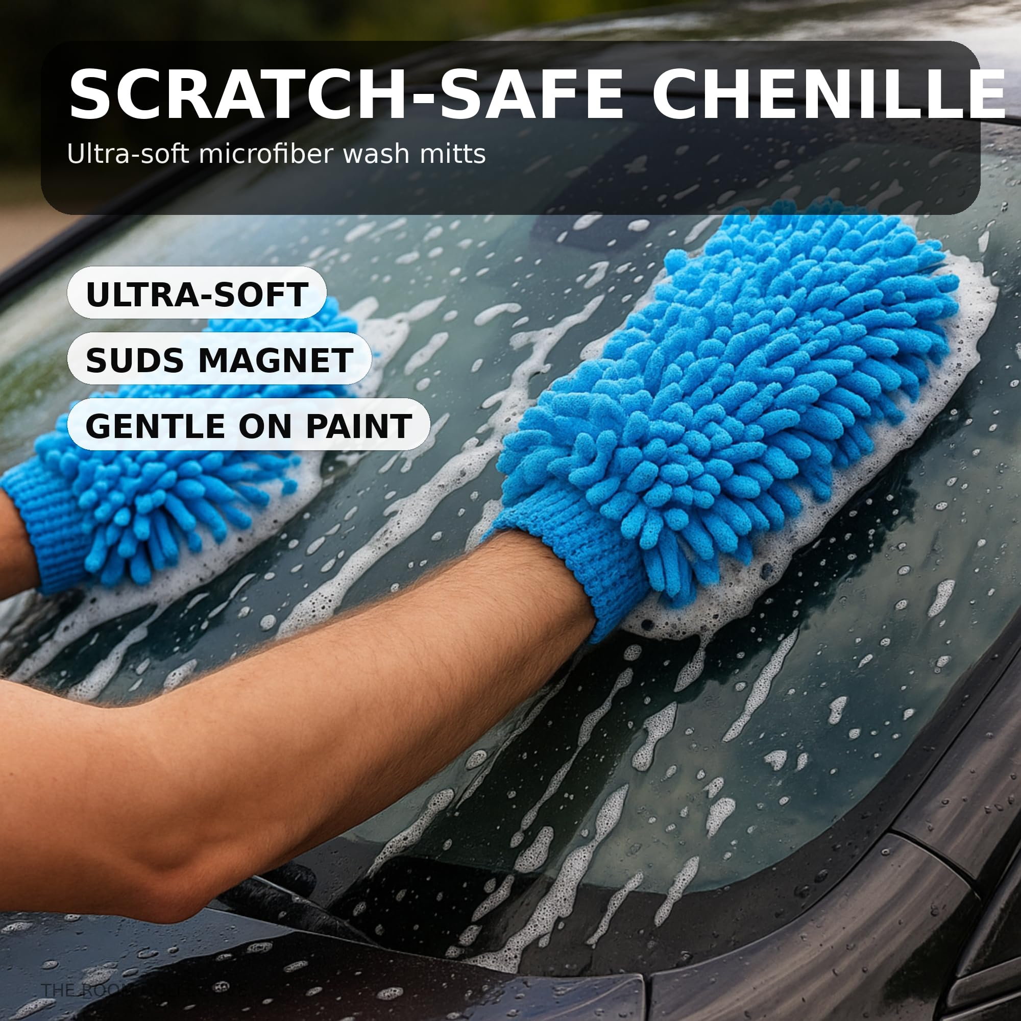 Chenille Microfiber Car Wash Mitt (2 Pack) Dual-Sided Ultra-Soft Scratch-Free Cleaning Glove with Elastic Cuff, Highly Absorbent for Cars, Trucks, Boats & Auto Detailing