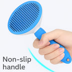 Self-Cleaning Pet Grooming Brush for Dogs and Cats, Stainless Steel Bristles, Blue and White, 7.6 Inches, Non-Slip Handle, Deshedding Tool