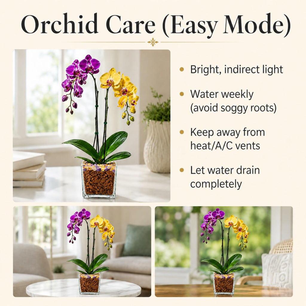 Live Double Stem Phalaenopsis Orchid Plant, 24–26 Inches Tall, Purple & Yellow Blooms with Citrine and Amethyst Crystal Accent, Clear Planter, Chakra Orchid Collection