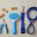 Self-Cleaning Pet Grooming Brush for Dogs and Cats, Stainless Steel Bristles, Blue and White, 7.6 Inches, Non-Slip Handle, Deshedding Tool