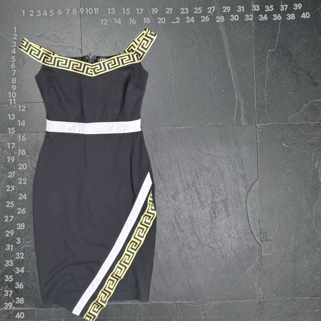 CEFIAN Black Off-The-Shoulder Midi Dress with Gold Greek Key Trim