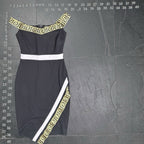 CEFIAN Black Off-The-Shoulder Midi Dress with Gold Greek Key Trim