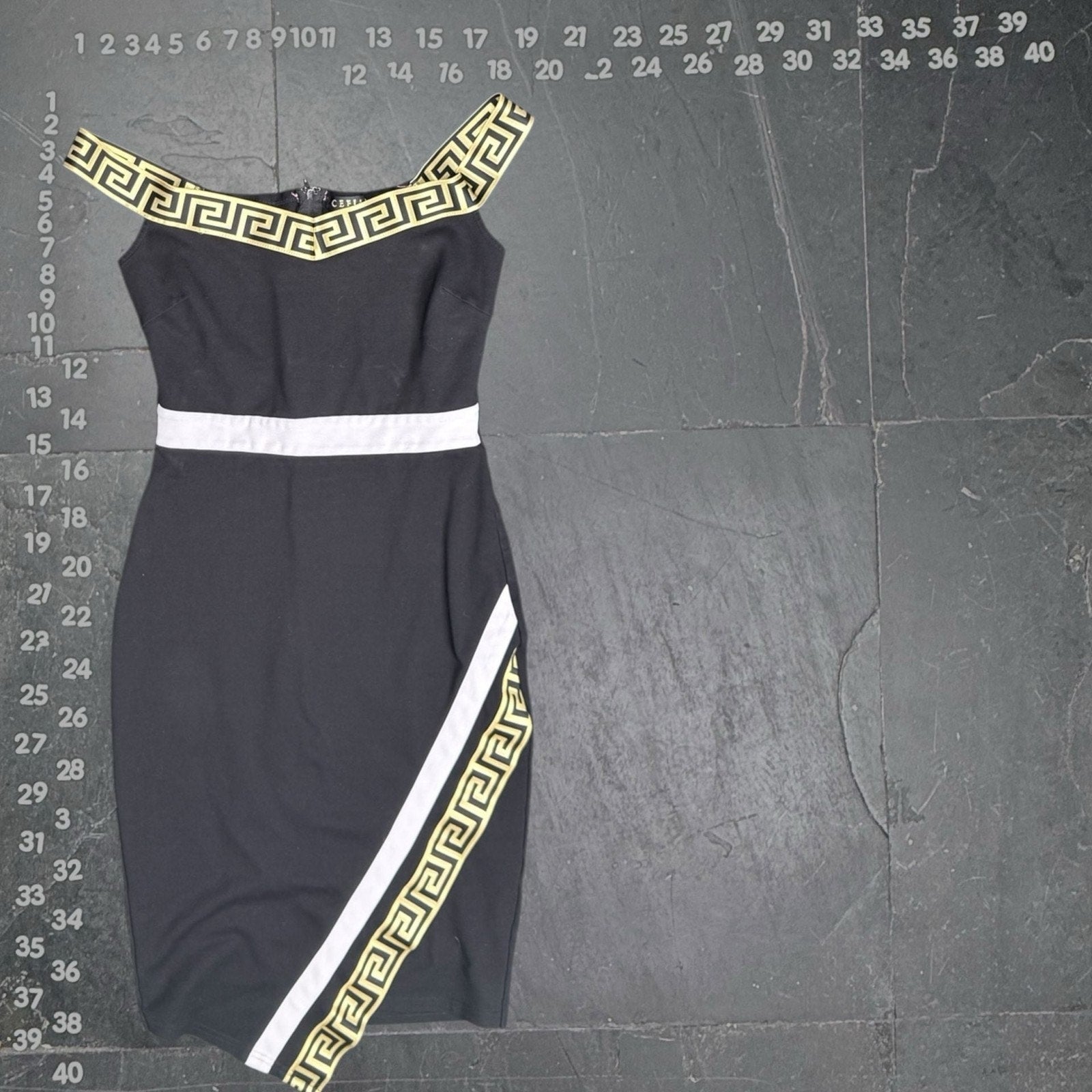 CEFIAN Black Off-The-Shoulder Midi Dress with Gold Greek Key Trim