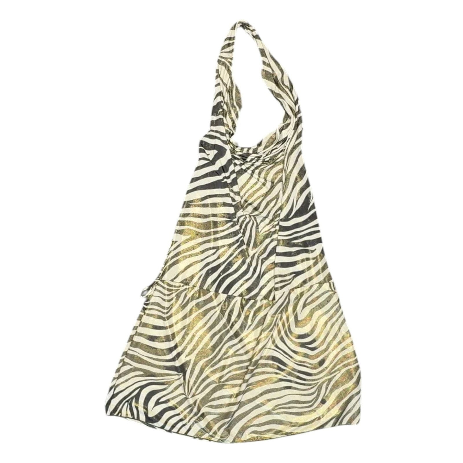 Zebra Print Metallic Gold Halter Top, Cowl Neck Sleeveless Blouse, Size M