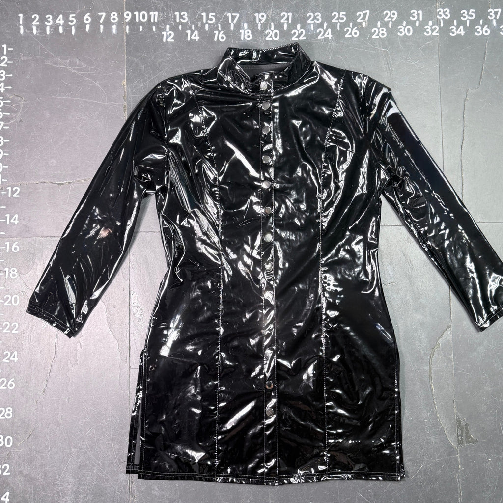 Patrice Catanzaro Black Vinyl Patent Button Down Crepuscule Mini Dress