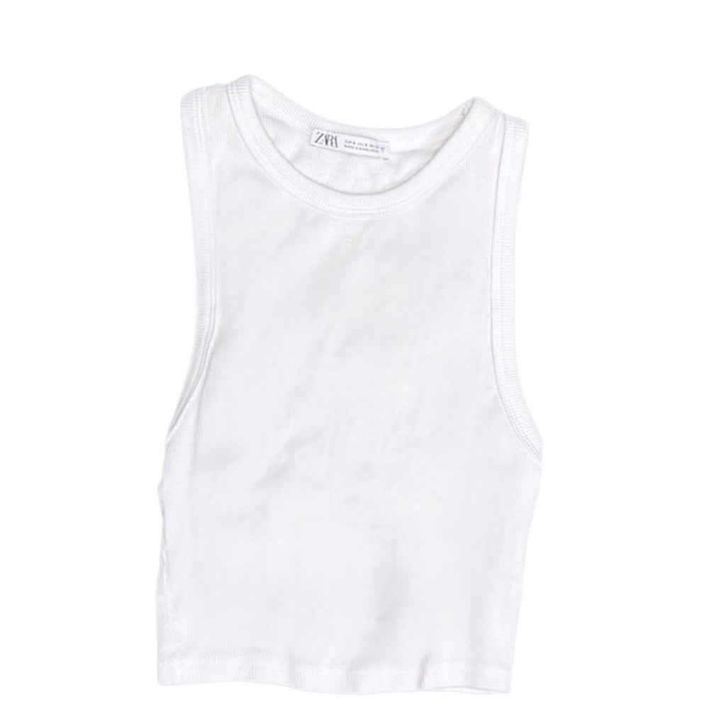 ZARA White Ribbed Racerback Crop Tank Top