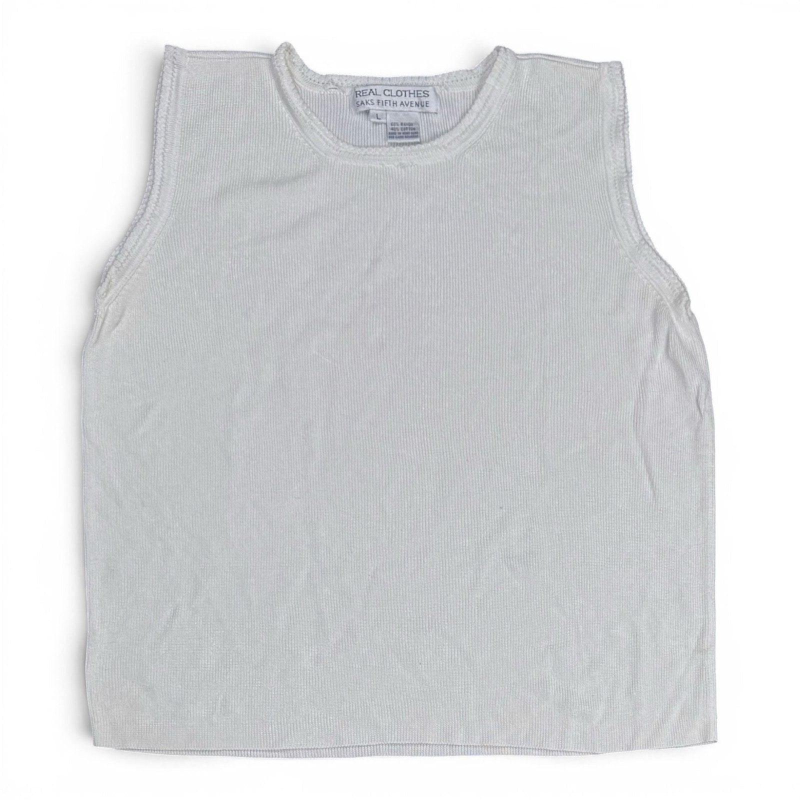 Real Clothes Saks Fifth Avenue White Ribbed Knit Sleeveless Tank Top Size L