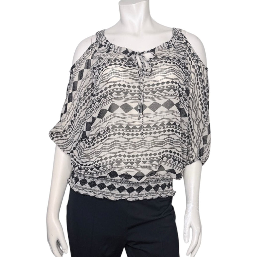 BCX Cold Shoulder Geometric Print Smocked Blouse