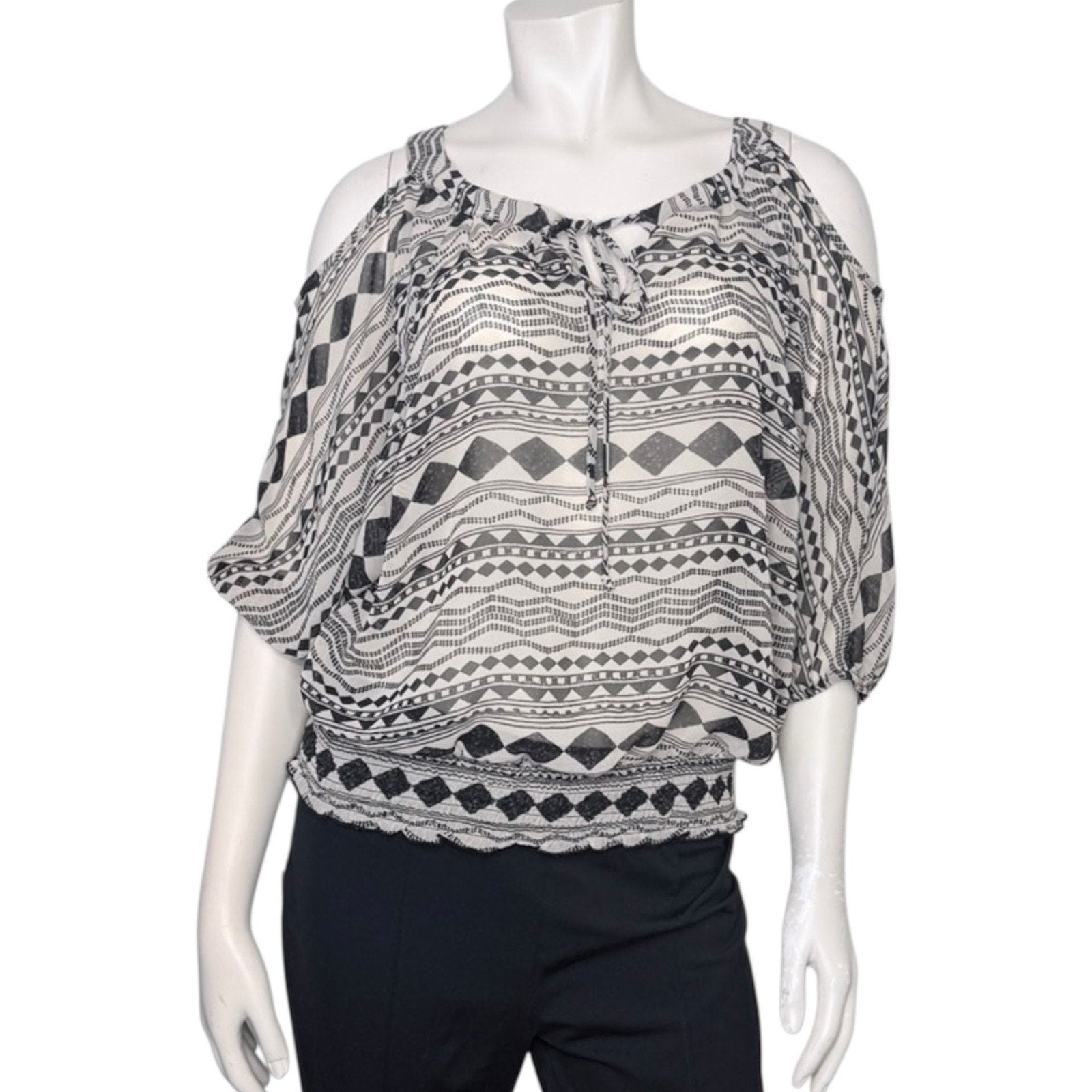 BCX Cold Shoulder Geometric Print Smocked Blouse