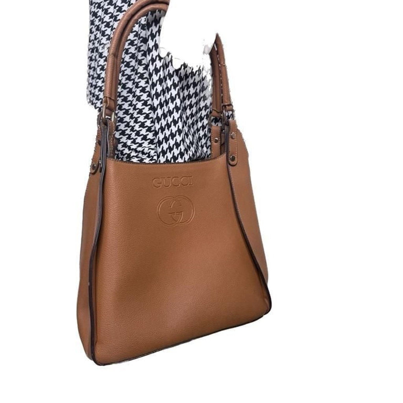 Brown Pebbled Leather Embossed Logo Tote Bag