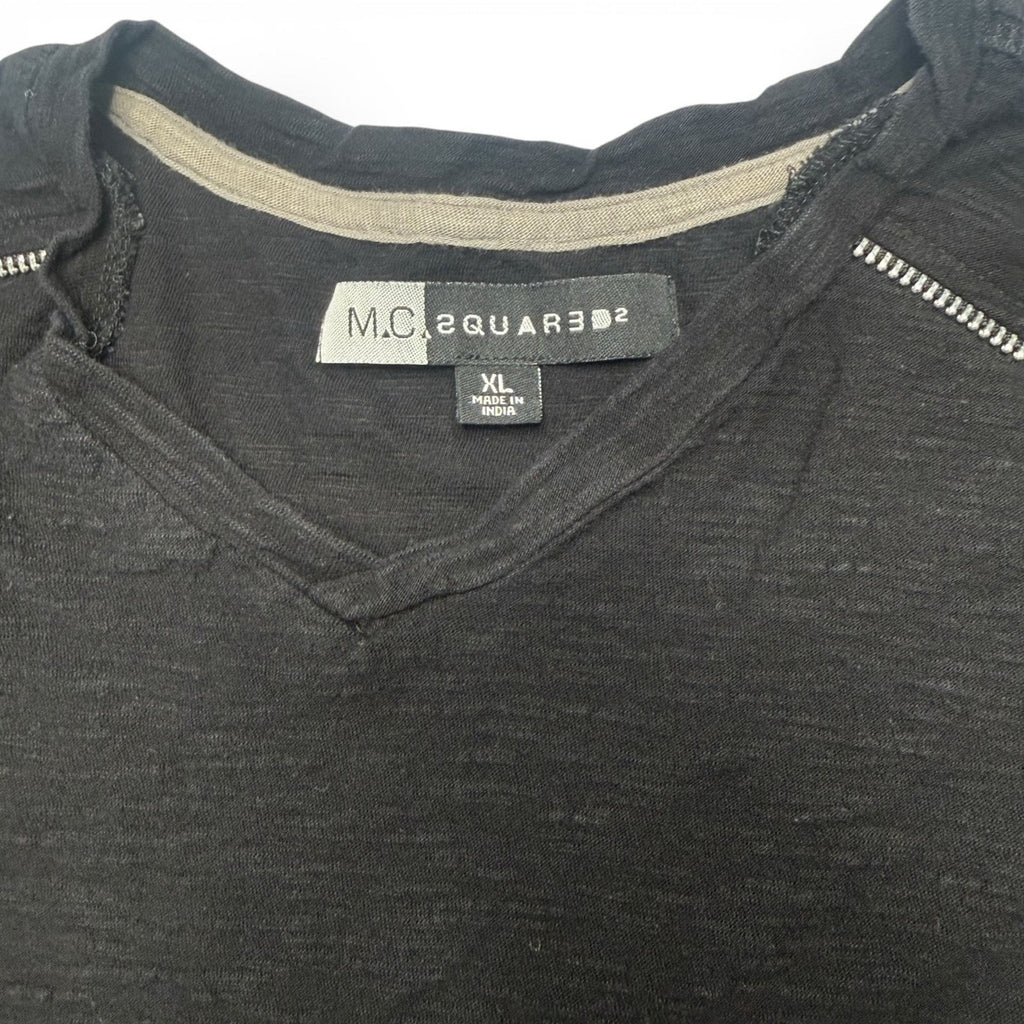 M.C.2 Black 100% Cotton V-Neck Pocket T-Shirt with Zipper Detail Size XL