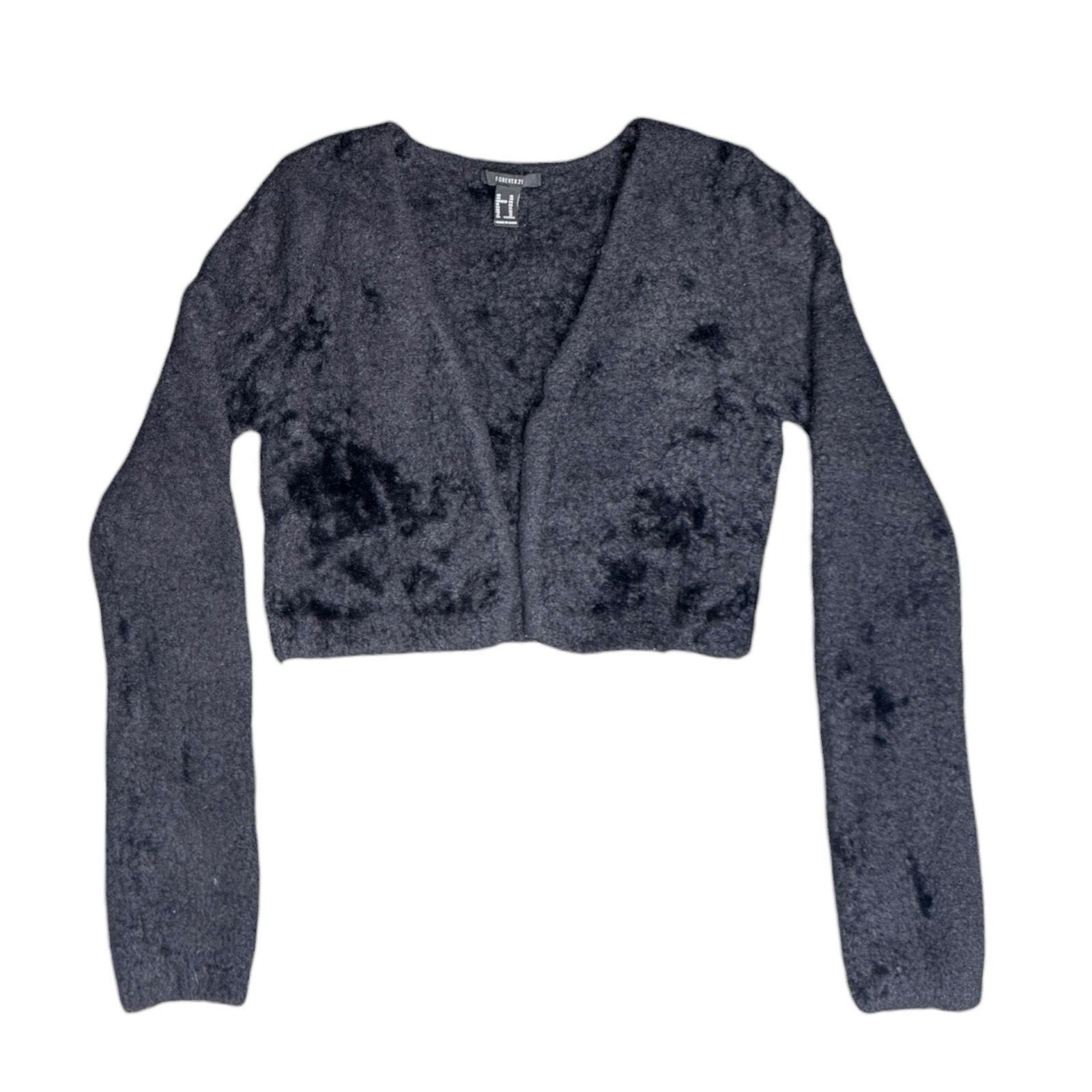 Forever 21 Fuzzy Knit Cropped Open Front Cardigan in Charcoal Grey