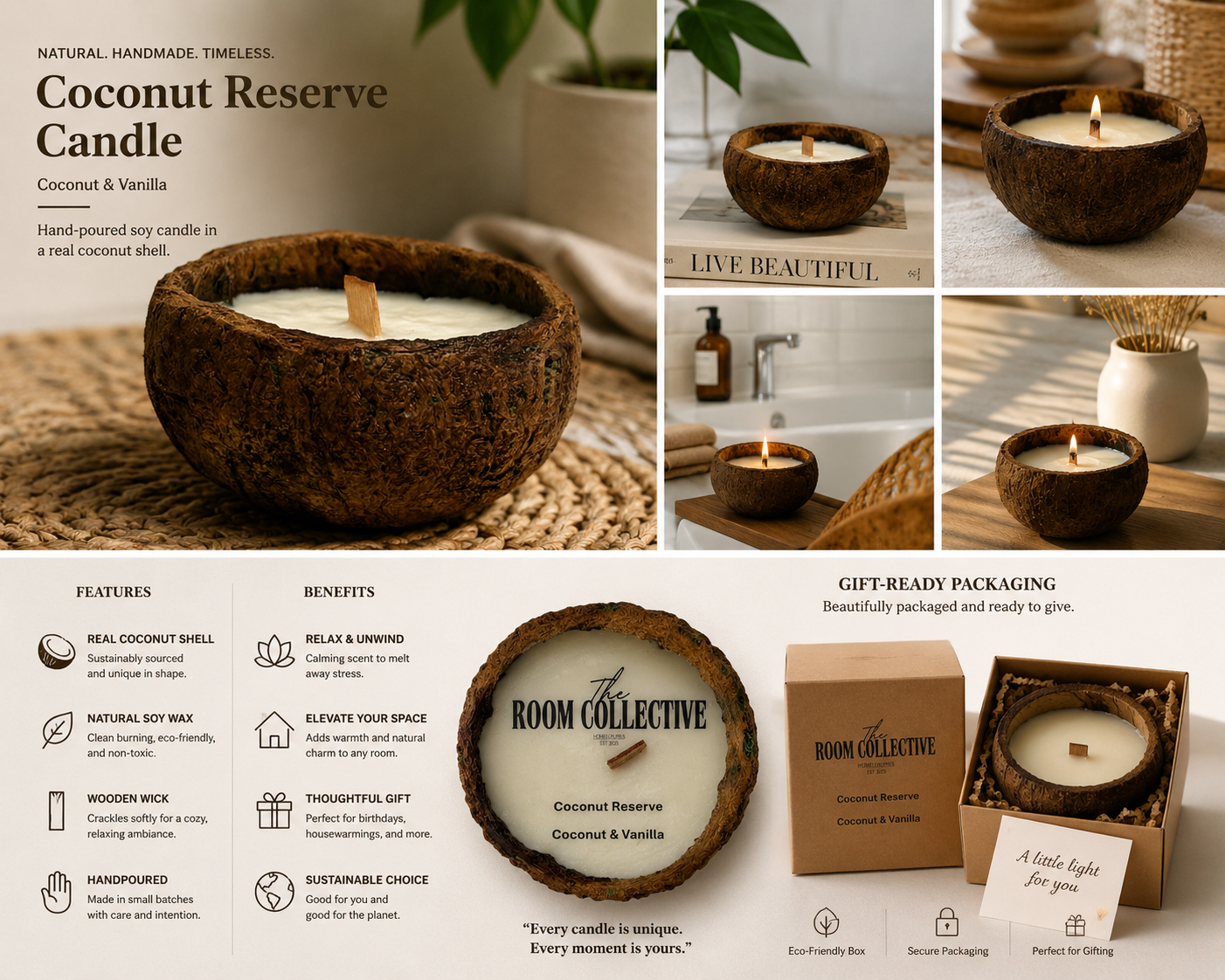 Coconut Reserve — Toasted Coconut + Vanilla Cream Candle (Coconut Shell Vessel) — 5 oz The Room Collective
