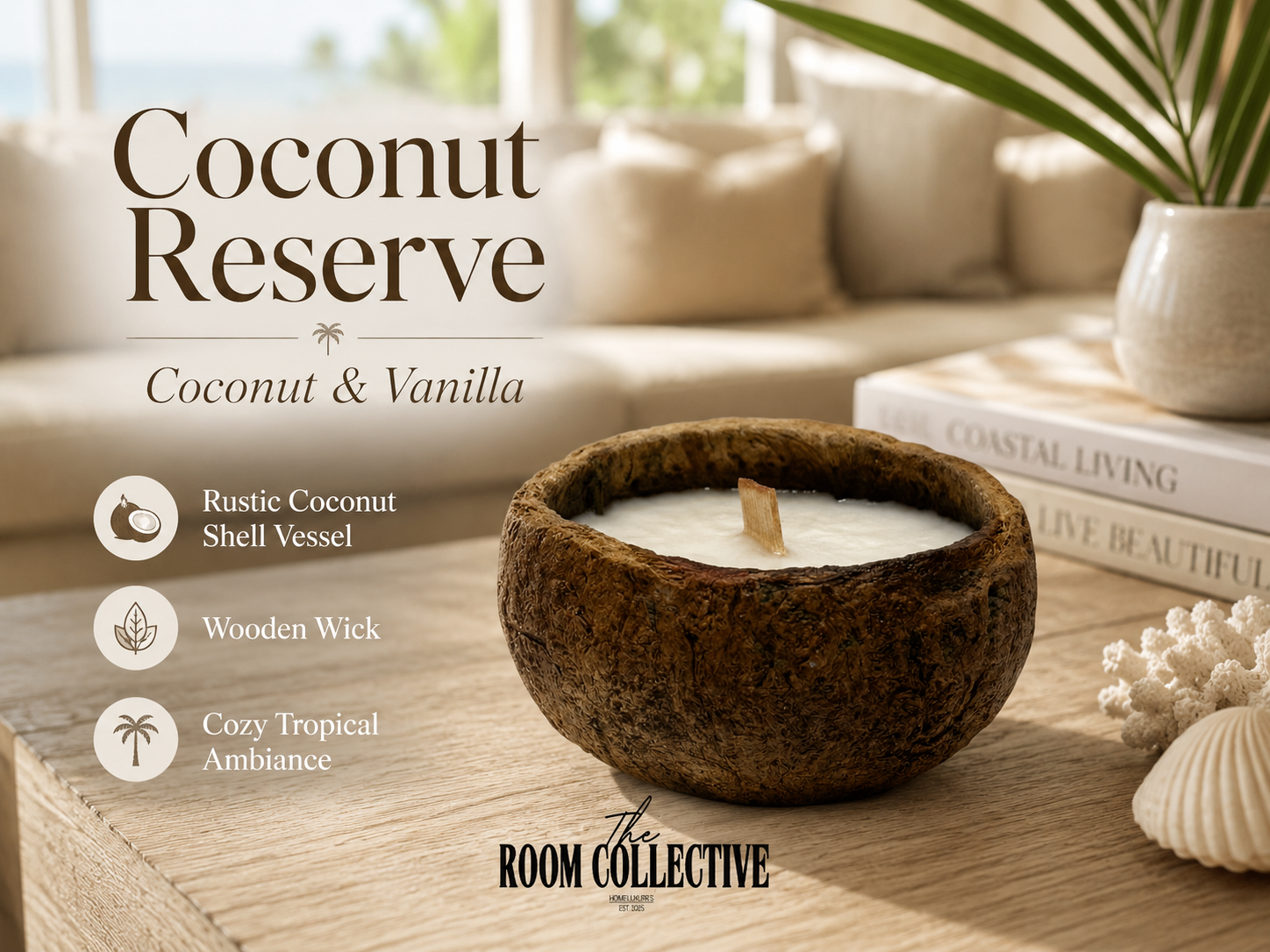Coconut Reserve — Toasted Coconut + Vanilla Cream Candle (Coconut Shell Vessel) — 5 oz The Room Collective