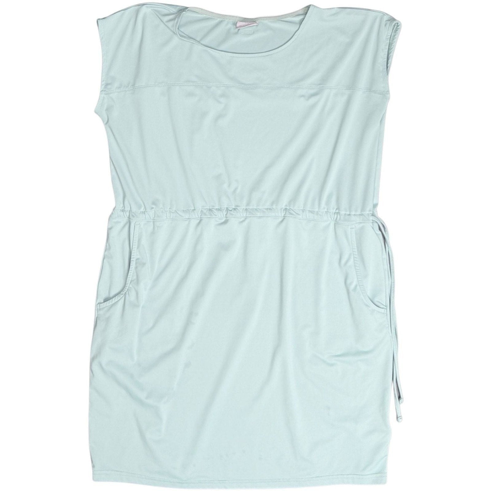 Columbia spray green sleeveless drawstring waist dress with pockets. Lightweight and breathable, perfect for casual wear or travel.