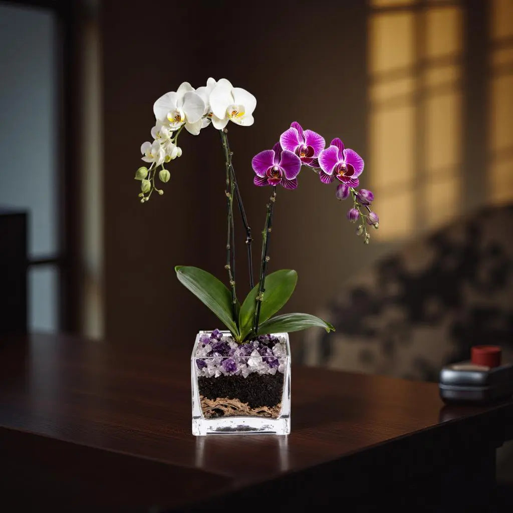 Live White and Purple Double Stem Phalaenopsis Orchid Plant with Clear Quartz and Amethyst - Premium Dual-Color Flowering Houseplant, Easy Care Live Plant Crystal City Designs MIA