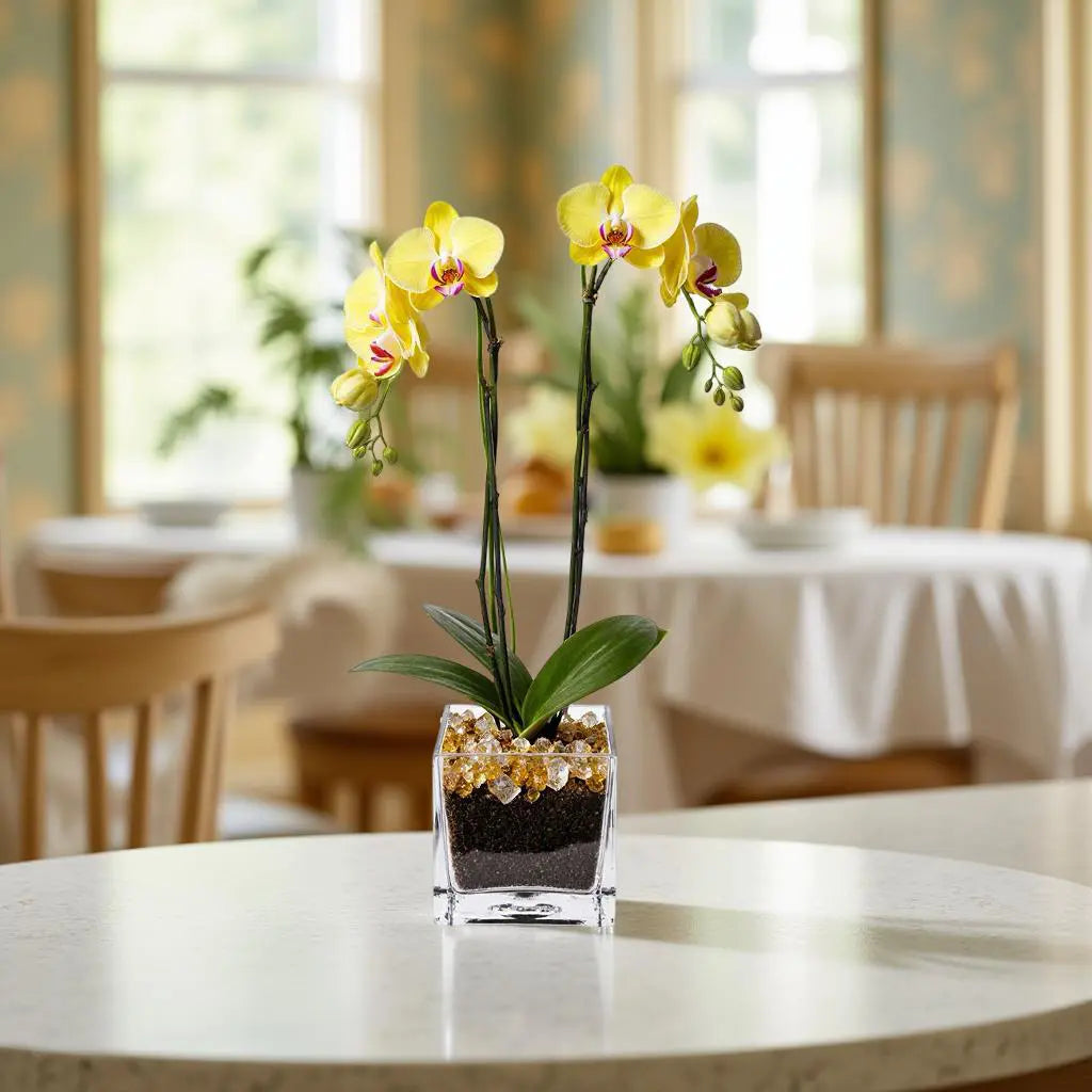 Live Yellow Double Stem Phalaenopsis Orchid Plant with Citrine Quartz - Premium Flowering Houseplant for Home Office Decor, Easy Care Live Plant Crystal City Designs MIA