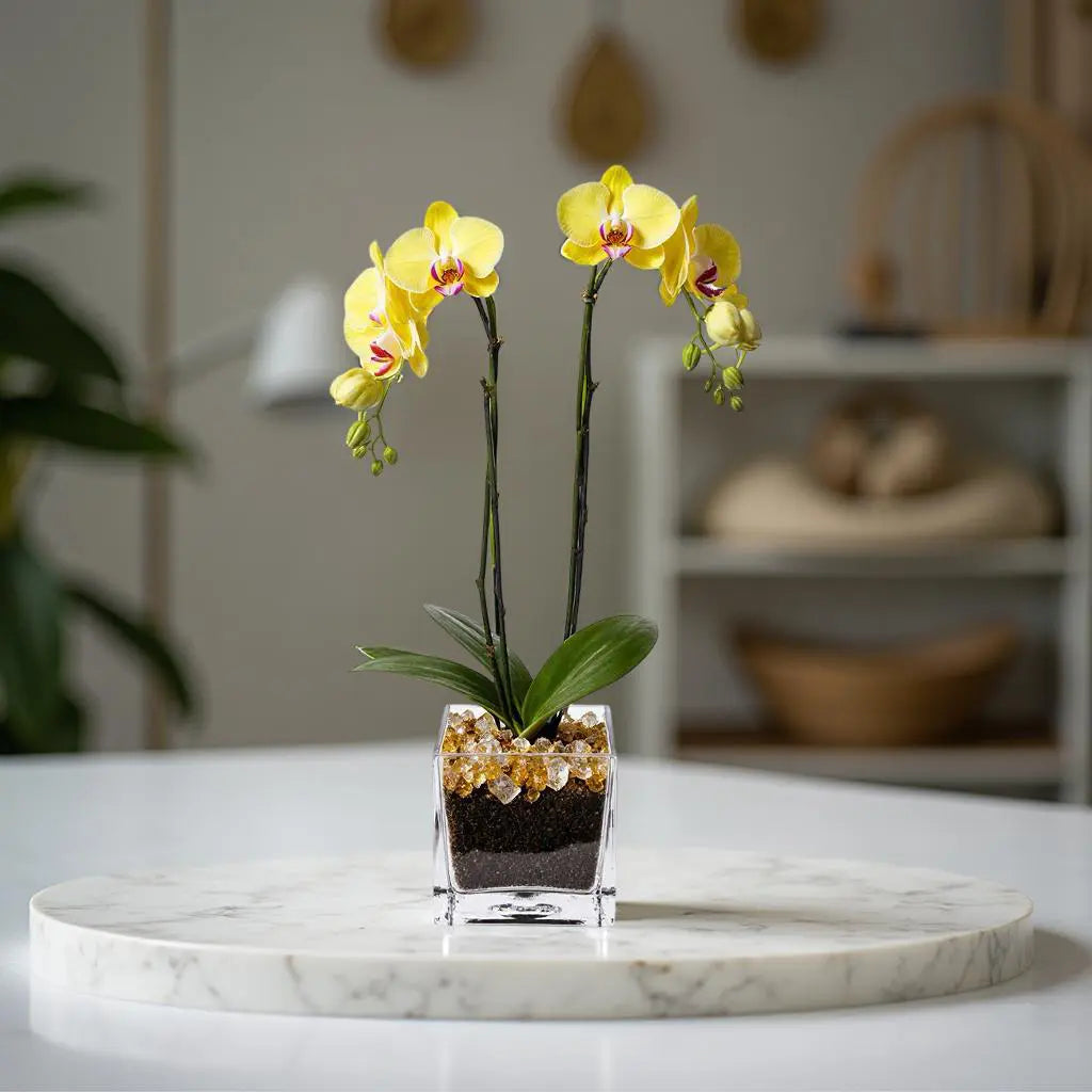 Live Yellow Double Stem Phalaenopsis Orchid Plant with Citrine Quartz - Premium Flowering Houseplant for Home Office Decor, Easy Care Live Plant Crystal City Designs MIA
