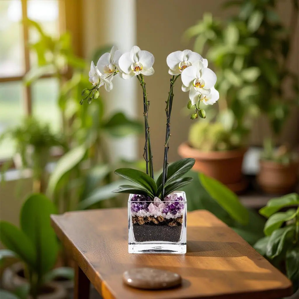 Premium White Phalaenopsis Orchid Plant - Live Double Stem with Amethyst Crystal - Indoor Flowering Houseplant Gift - Perfect for Birthday Anniversary Crystal City Designs MIA