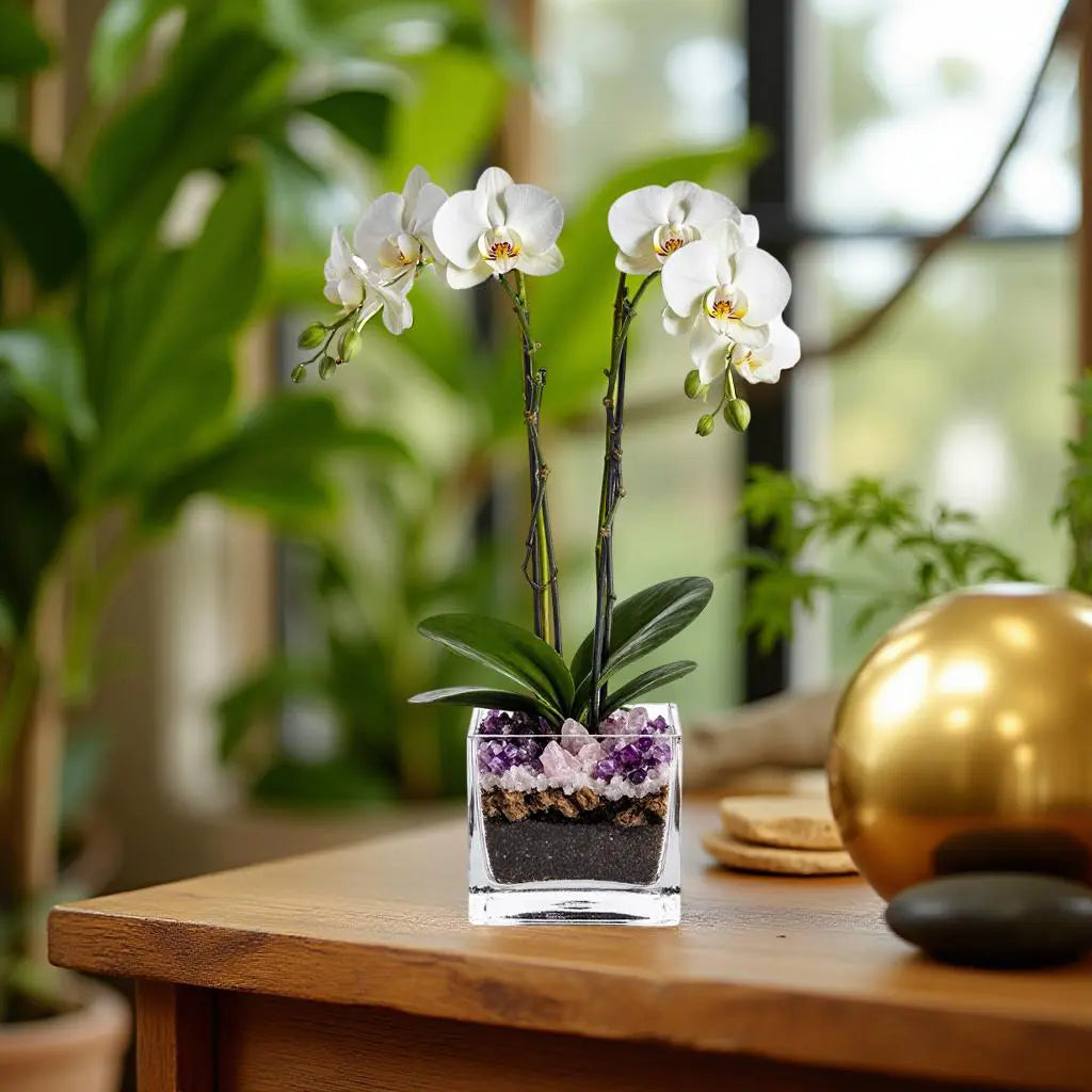 Premium White Phalaenopsis Orchid Plant - Live Double Stem with Amethyst Crystal - Indoor Flowering Houseplant Gift - Perfect for Birthday Anniversary Crystal City Designs MIA