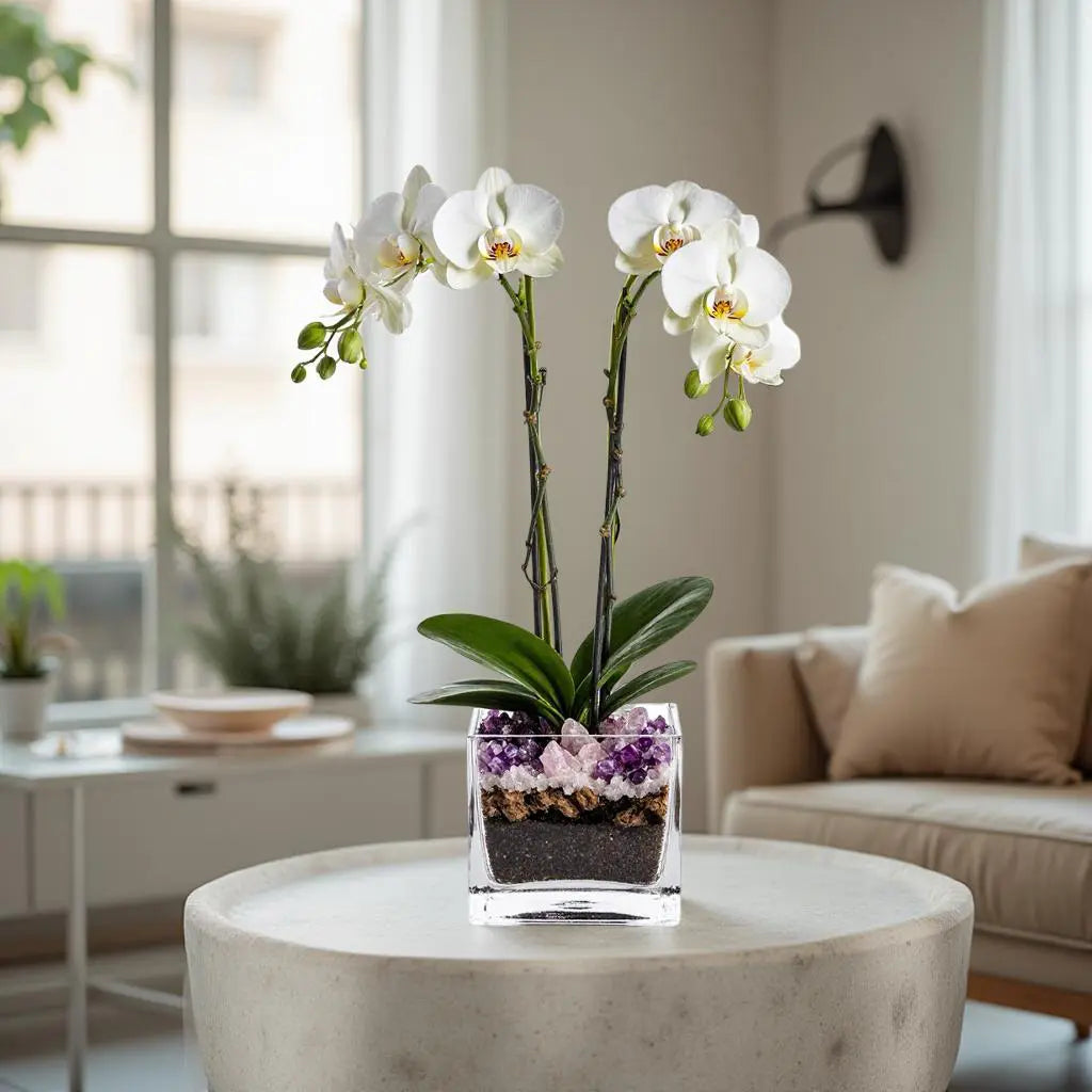 Premium White Phalaenopsis Orchid Plant - Live Double Stem with Amethyst Crystal - Indoor Flowering Houseplant Gift - Perfect for Birthday Anniversary Crystal City Designs MIA