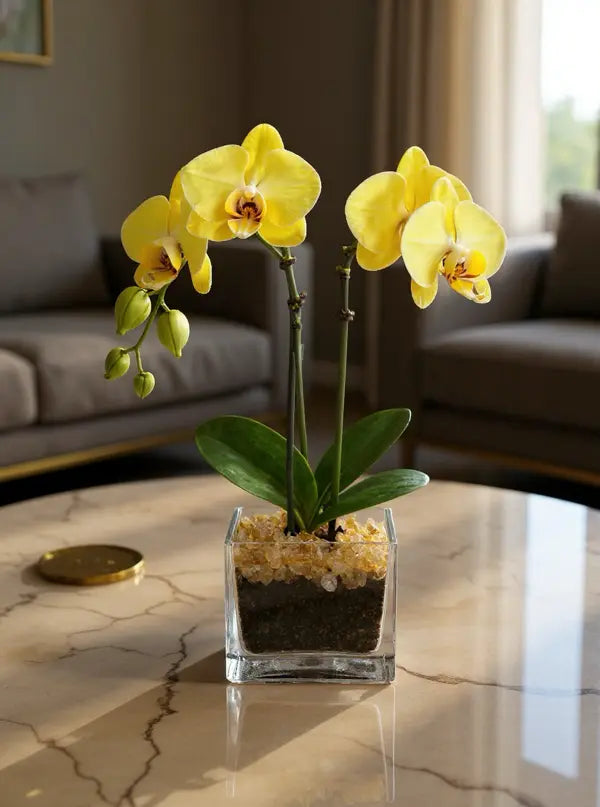 Live Yellow Double Stem Phalaenopsis Orchid Plant with Citrine Quartz - Premium Flowering Houseplant for Home Office Decor, Easy Care Live Plant Crystal City Designs MIA
