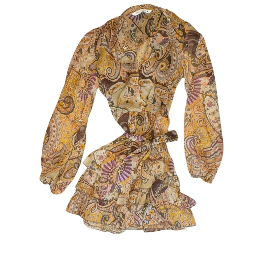 Zara Boho Paisley Mini Dress with Tiered Ruffles and Tie Waist