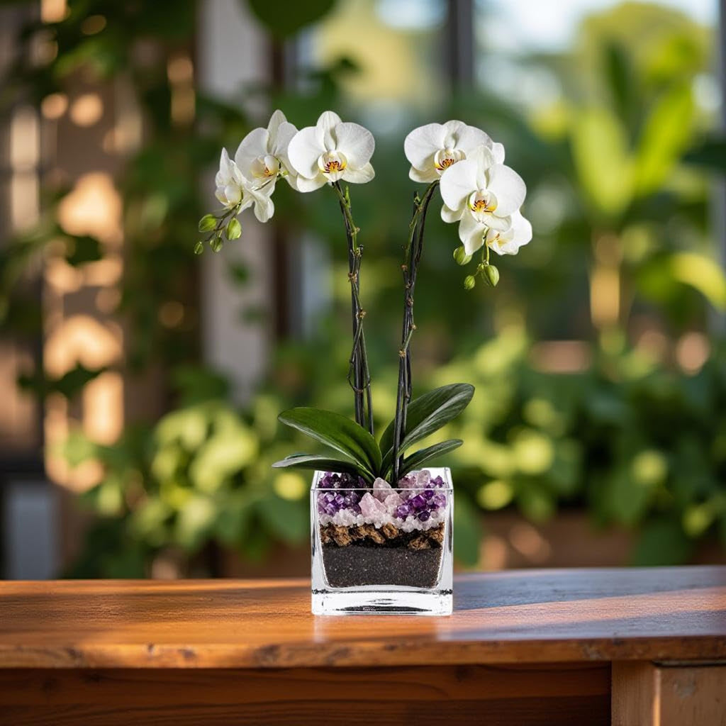 Live Double Stem Phalaenopsis Orchid Plant - Premium Indoor Flowering Plant with Crystal Accents, Easy Care Houseplant for Home Office Decor