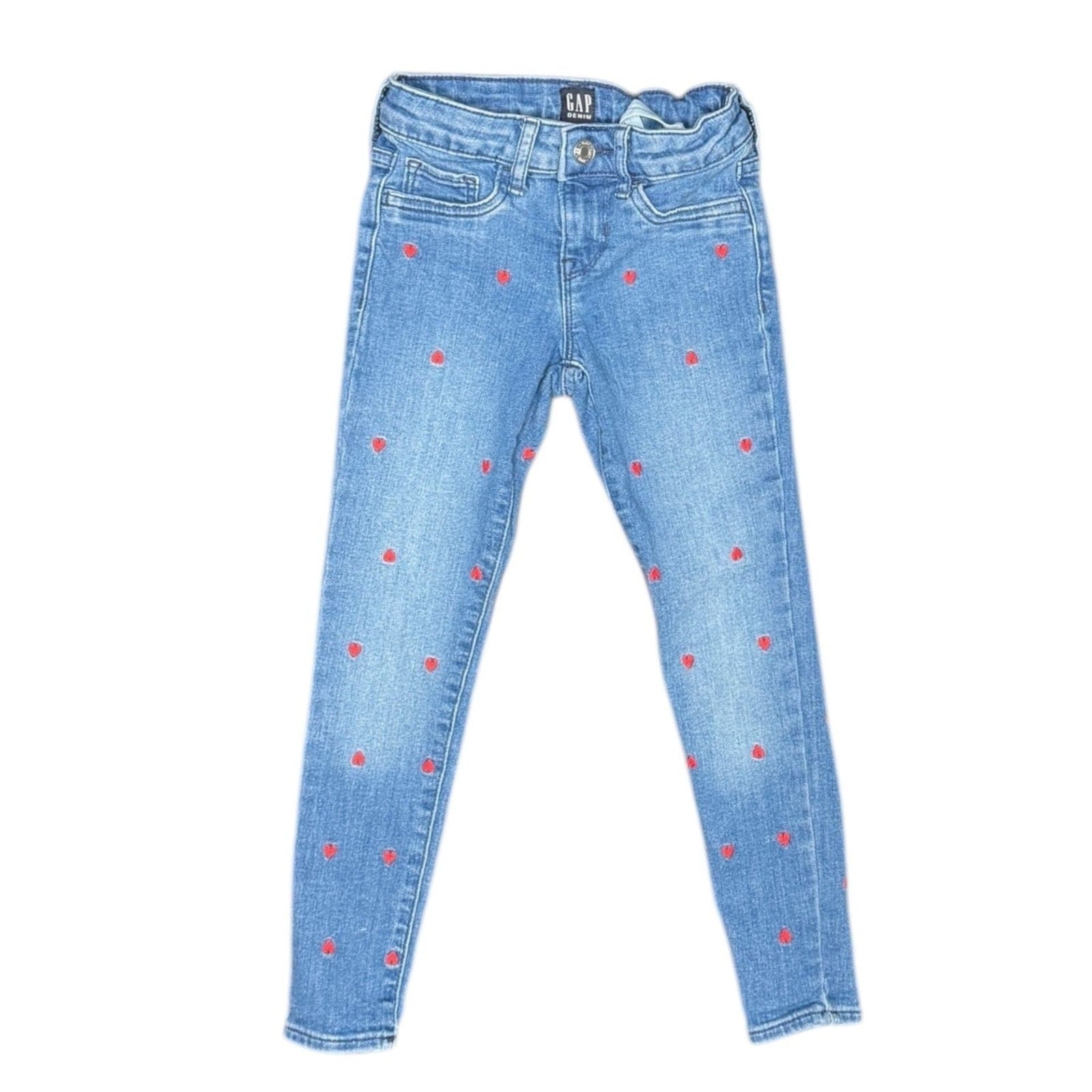 Gap Kids Heart Embroidered Skinny Jeans, Blue Denim with Red Hearts, Size XS