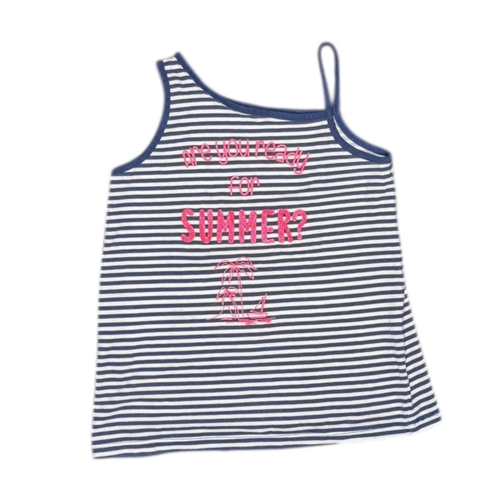 Girls Striped Summer Tank Top - Pink Glitter Graphic - Navy & White