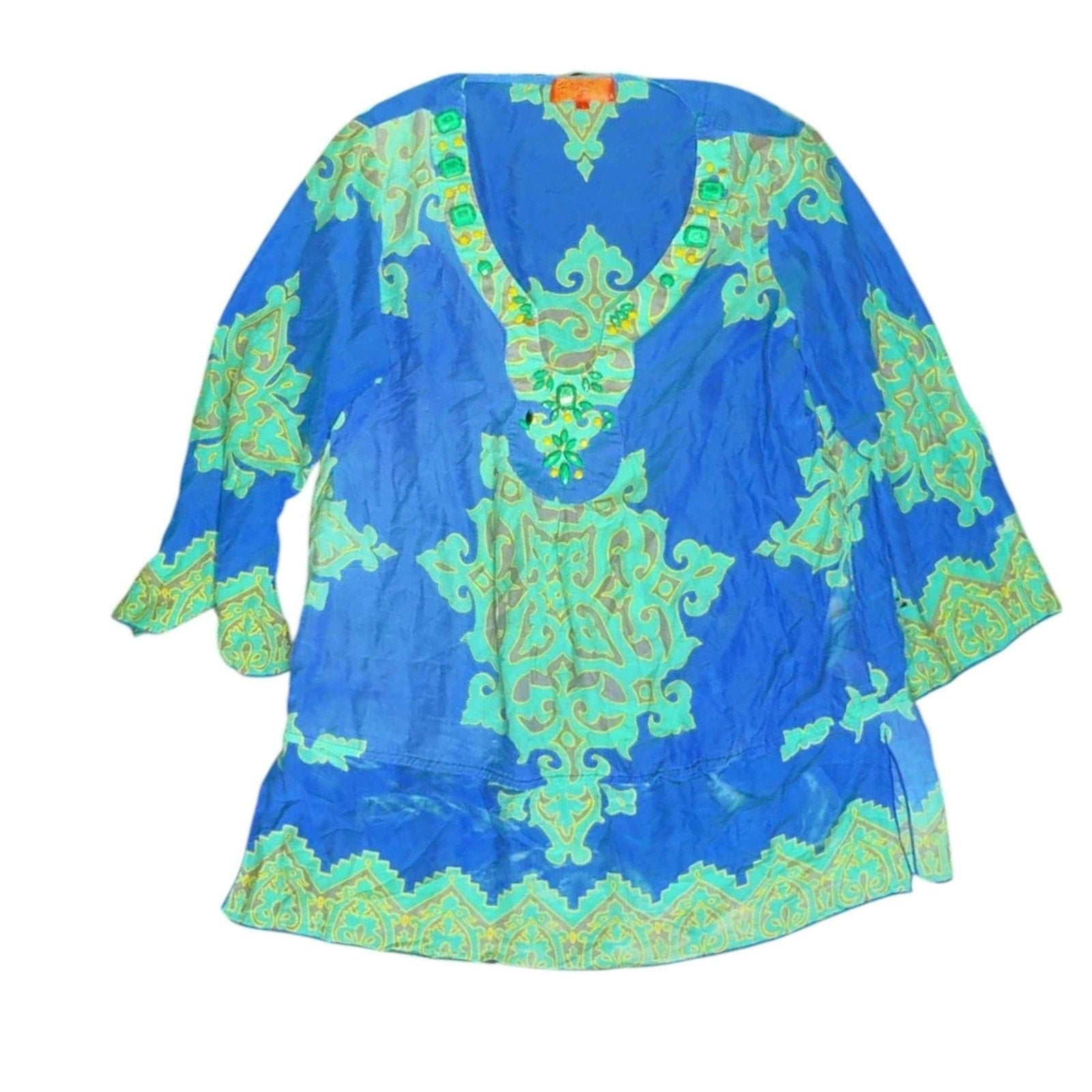Shahida Parides Embellished Silk Tunic, Blue Paisley Resort Wear, Size M
