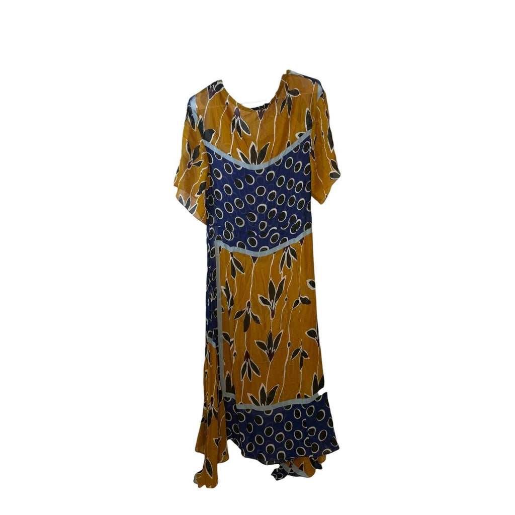 Zara Printed Midi Dress with High-Low Hem in Navy and Mustard